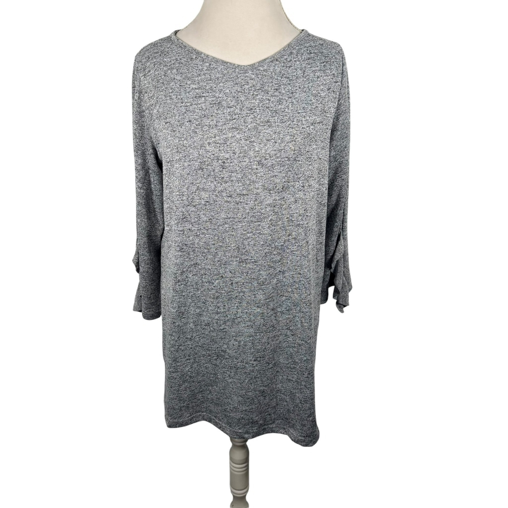 Clara Sun Woo Gray Marled Knit Sweater V-Neck Tunic Top Ruffle 3/4 Slv Size M - Picture 3 of 8